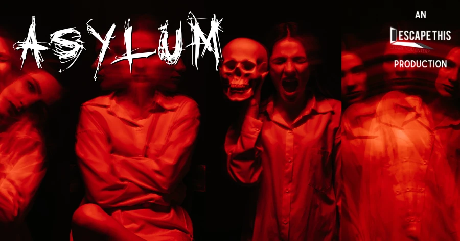 Asylum - An Escape This Production. A woman is overwhelmed by madness and holding a human skull.