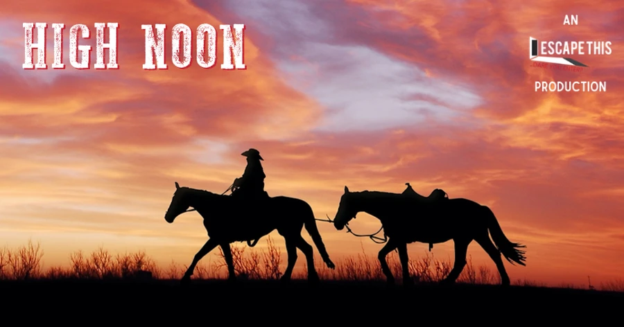 High Noon Escape Room - An Escape This Production. A lone cowboy, silhouetted against the evening sky, rides a horse through the desert, and drags another horse behind him.