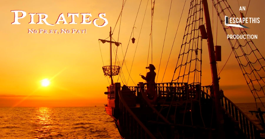 Pirates Escape Room - An Escape This Production. A Pirate with a hook hand stands on the bow of a pirate ship and looks out over the ocean with the sun setting on the horizon.