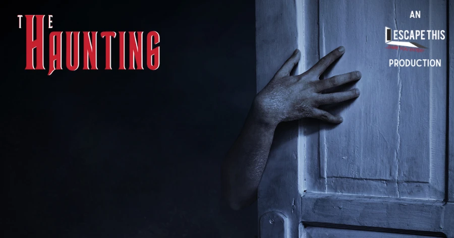 The Haunting Escape Room - An Escape This Production. A pallid arm snakes around a white door, sinisterly.