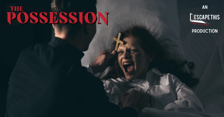 The Possession Escape Room - An Escape This Production. A priest holds a crucifix to the forehead of a young, possessed, screaming girl.