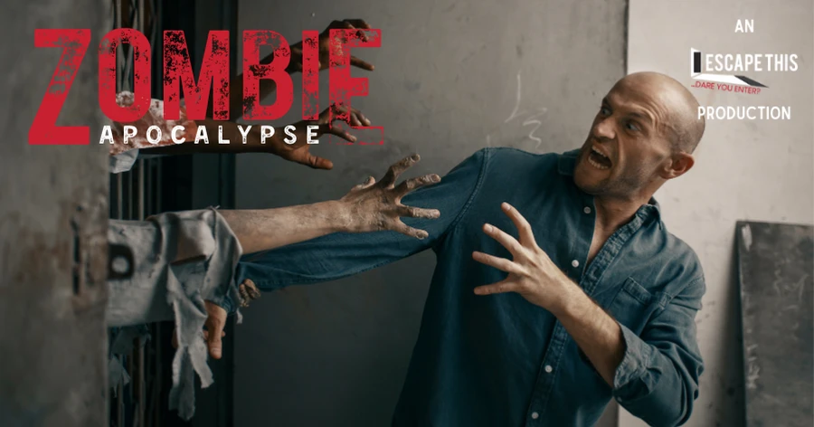 Zombie Apocalypse Escape Room - An Escape This Production. A man tries to escape as undead hands break through the door and reach to grab him.